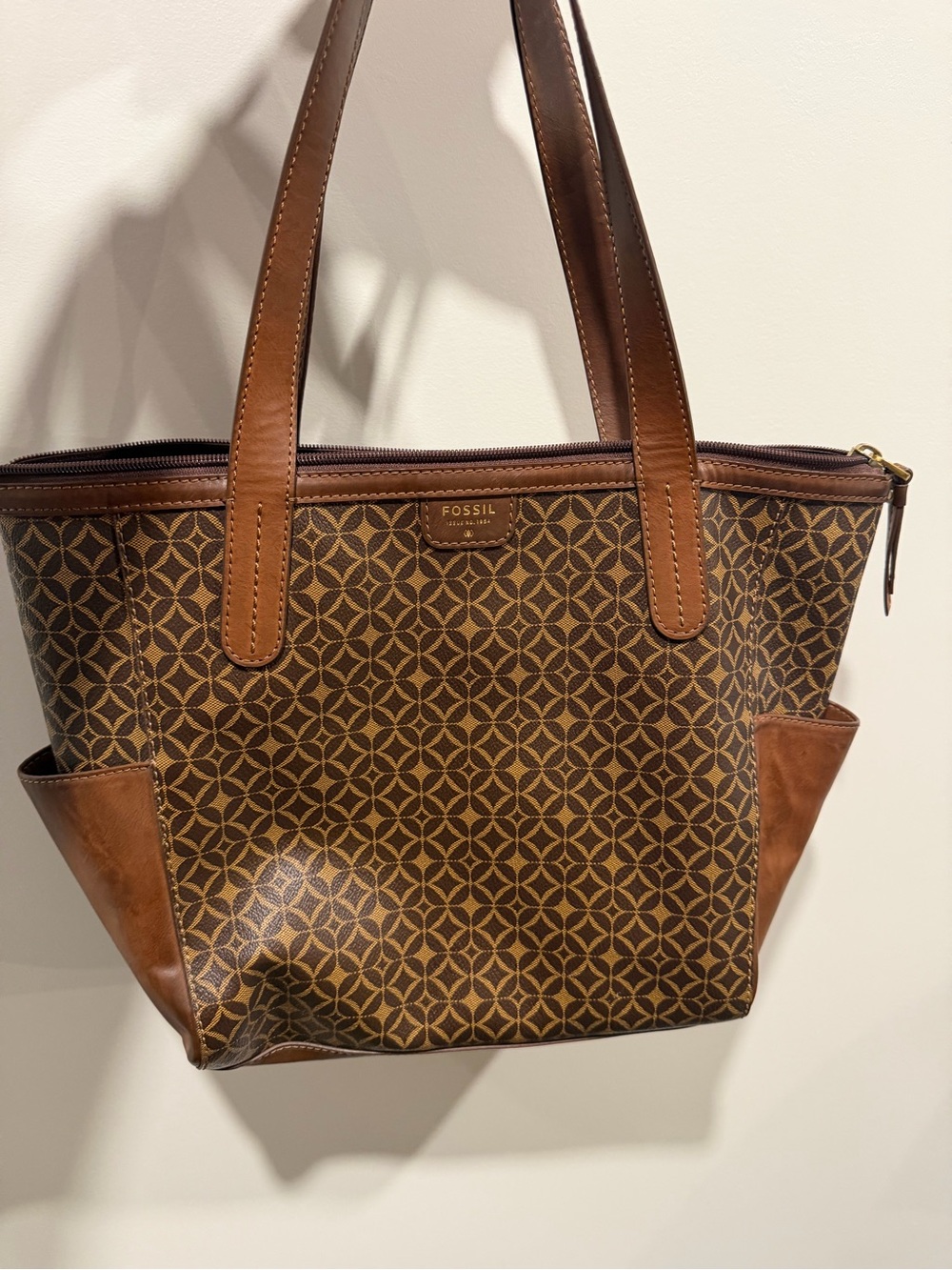 Fossil Brown Geometric Print Tote with Leather Trim